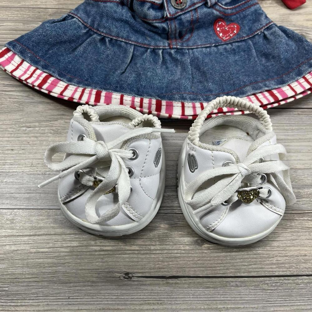 Build A Bear Outfits Denim Jean Skirt Skechers Shoes Love Red White Blue Visor - Picture 6 of 9